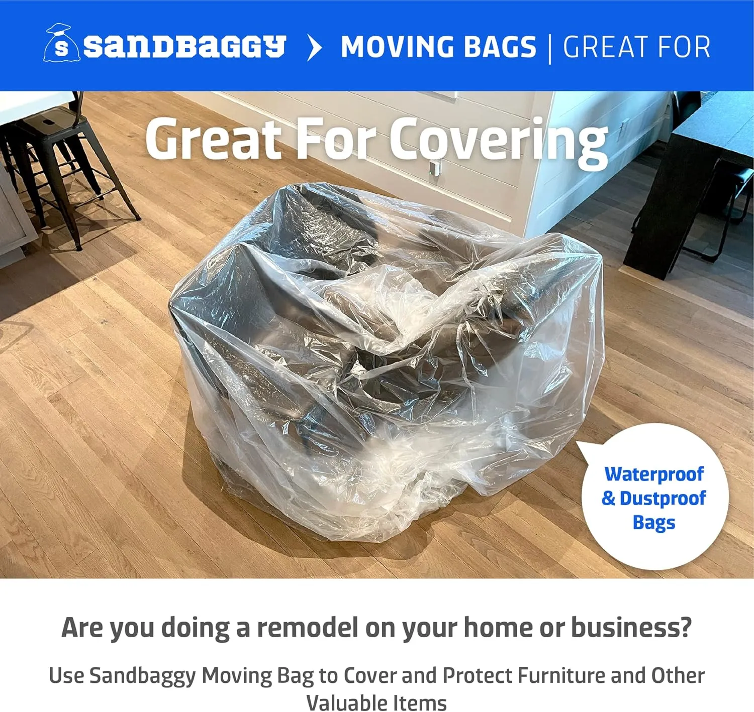 Sandbaggy Furniture Cover Plastic Bag | Made in USA | for Moving or Storage of Dining Chairs, Tables & More | Covers up to 55" x 60" | Waterproof & Dustproof Bags | 1.5 Mil Thick (10, Clear)