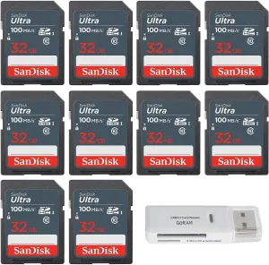 SanDisk 32GB (10 Pack) Ultra SDHC UHS-I Class 10 Memory Card 100MB/s U1, Full HD, SD Camera Card SDSDUNR-032G-GN3IN Bundle with (1) GoRAM USB 3.0 Multi Card Reader (32GB)