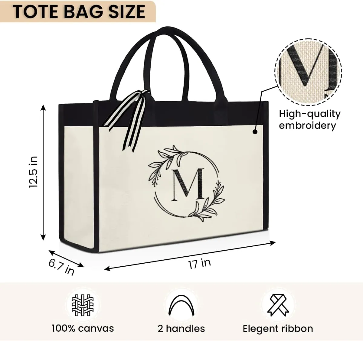 SANDJEST Monogrammed Canvas Tote Bag Embroidered Initial Beach Totes Bags Gifts for Women Friend Coworker Bridesmaid