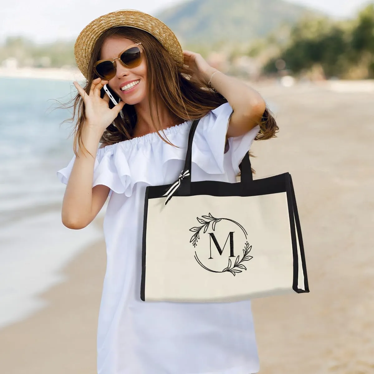SANDJEST Monogrammed Canvas Tote Bag Embroidered Initial Beach Totes Bags Gifts for Women Friend Coworker Bridesmaid
