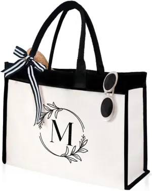 SANDJEST Monogrammed Canvas Tote Bag Embroidered Initial Beach Totes Bags Gifts for Women Friend Coworker Bridesmaid