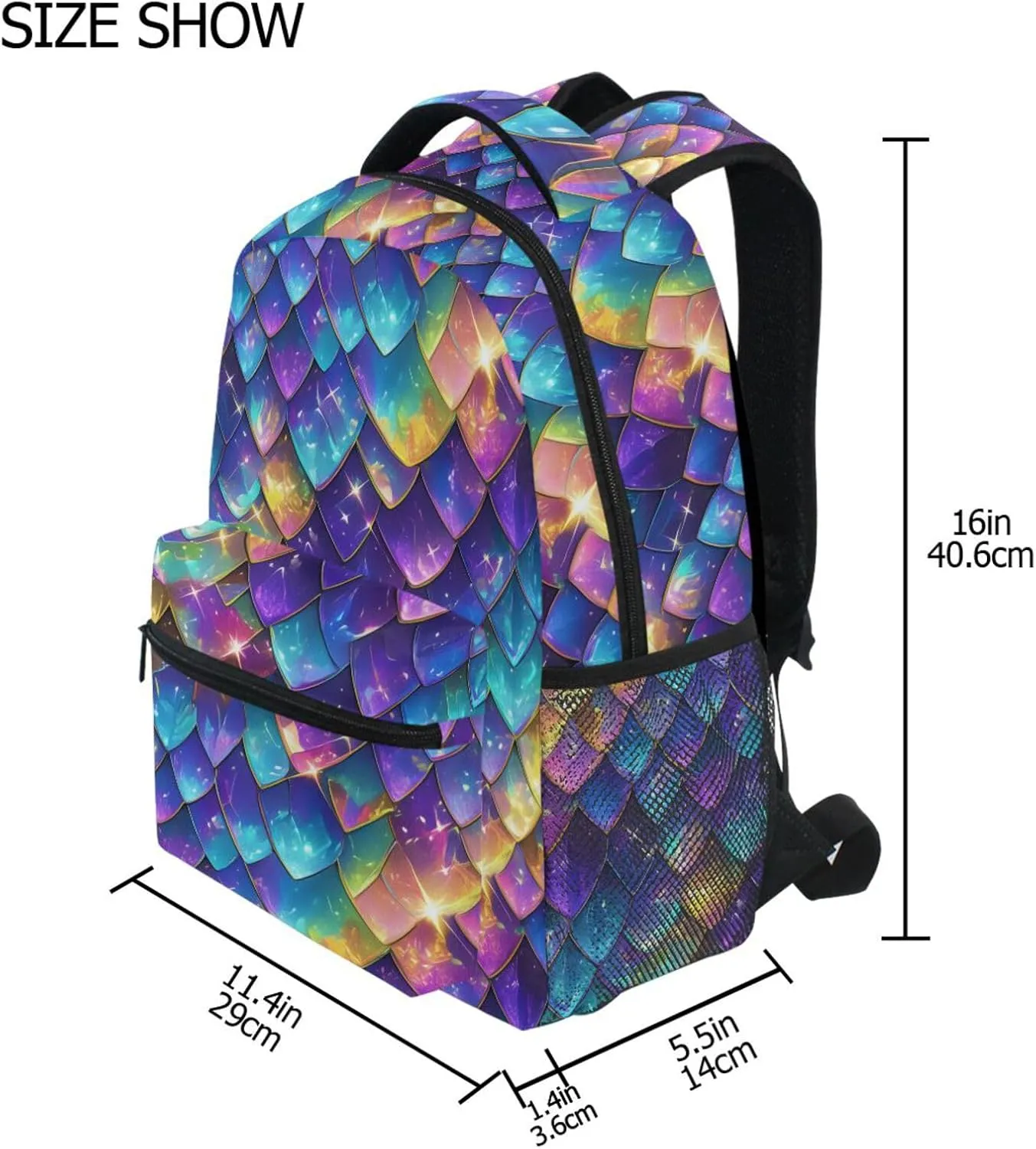 School Backpack for Women Men Fashion School Bag with Chest Strap for Business Work College Travel Trip Rainbow Scales Glittering
