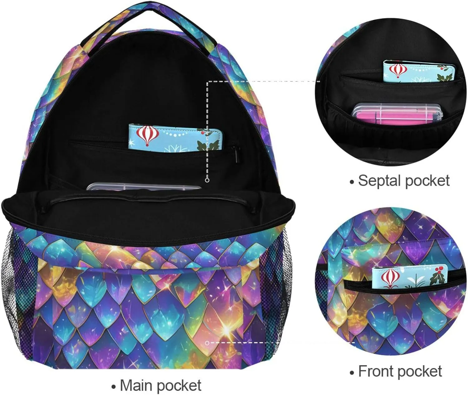 School Backpack for Women Men Fashion School Bag with Chest Strap for Business Work College Travel Trip Rainbow Scales Glittering