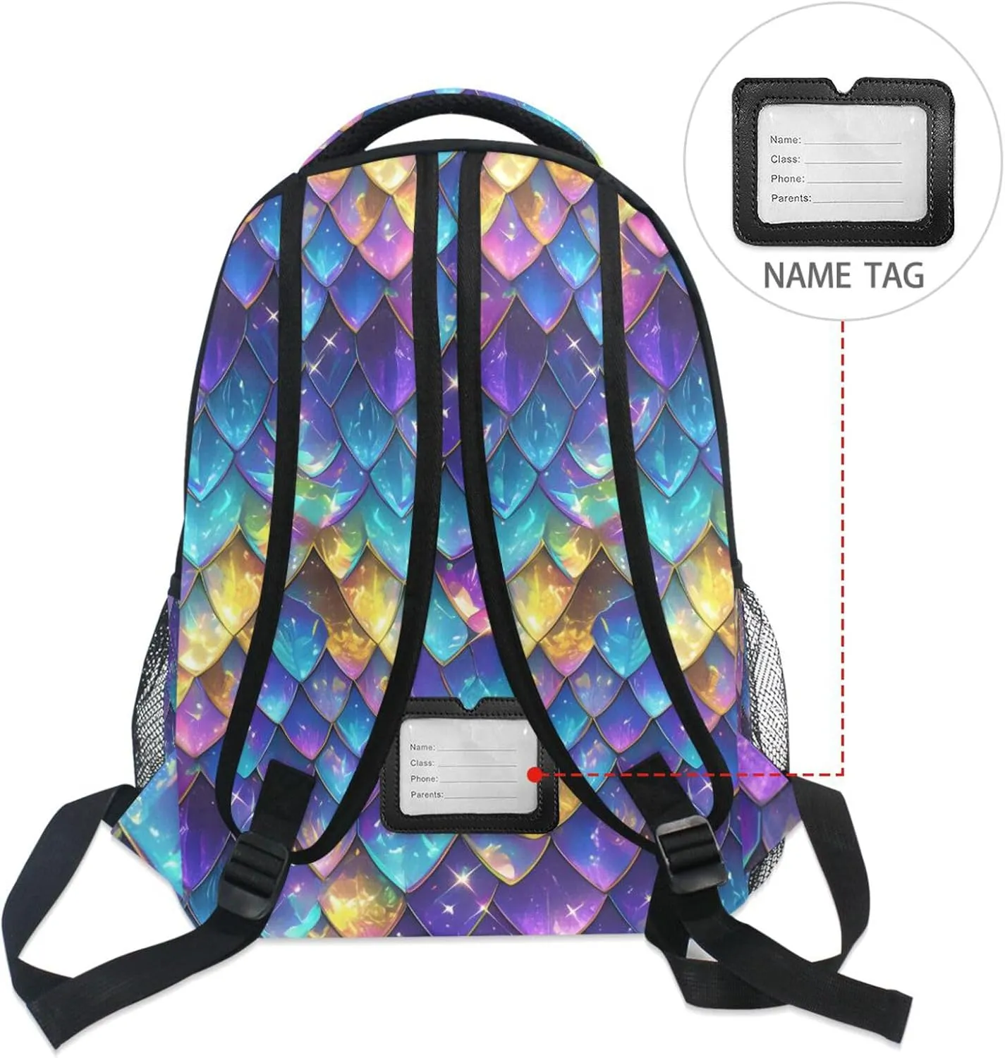 School Backpack for Women Men Fashion School Bag with Chest Strap for Business Work College Travel Trip Rainbow Scales Glittering
