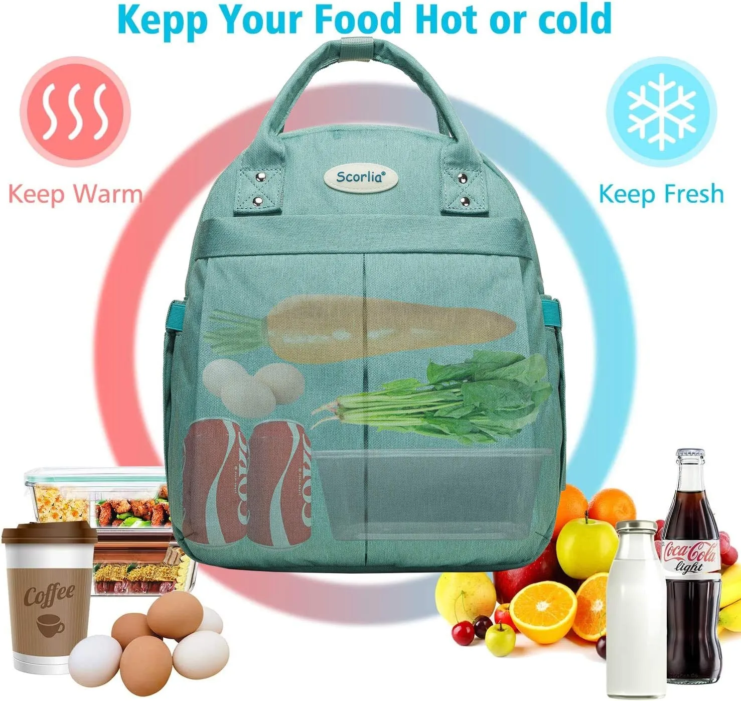 Scorlia Insulated Lunch Bag Cooler Backpack, Convertible Lunch Tote with Side pocket, Tall Reusable lunch Box Container with Drinks Holder for Work, Office, Beach, Picnic, Green