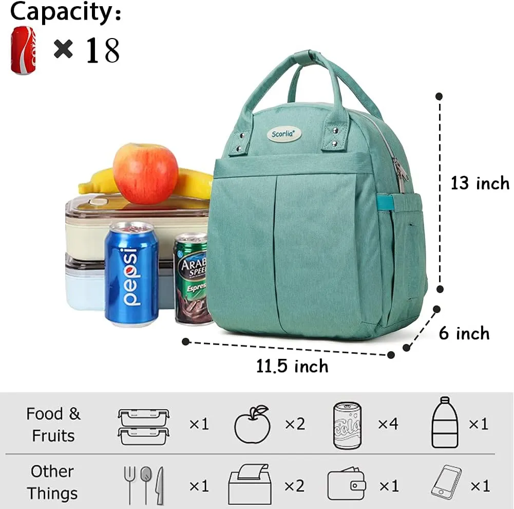 Scorlia Insulated Lunch Bag Cooler Backpack, Convertible Lunch Tote with Side pocket, Tall Reusable lunch Box Container with Drinks Holder for Work, Office, Beach, Picnic, Green