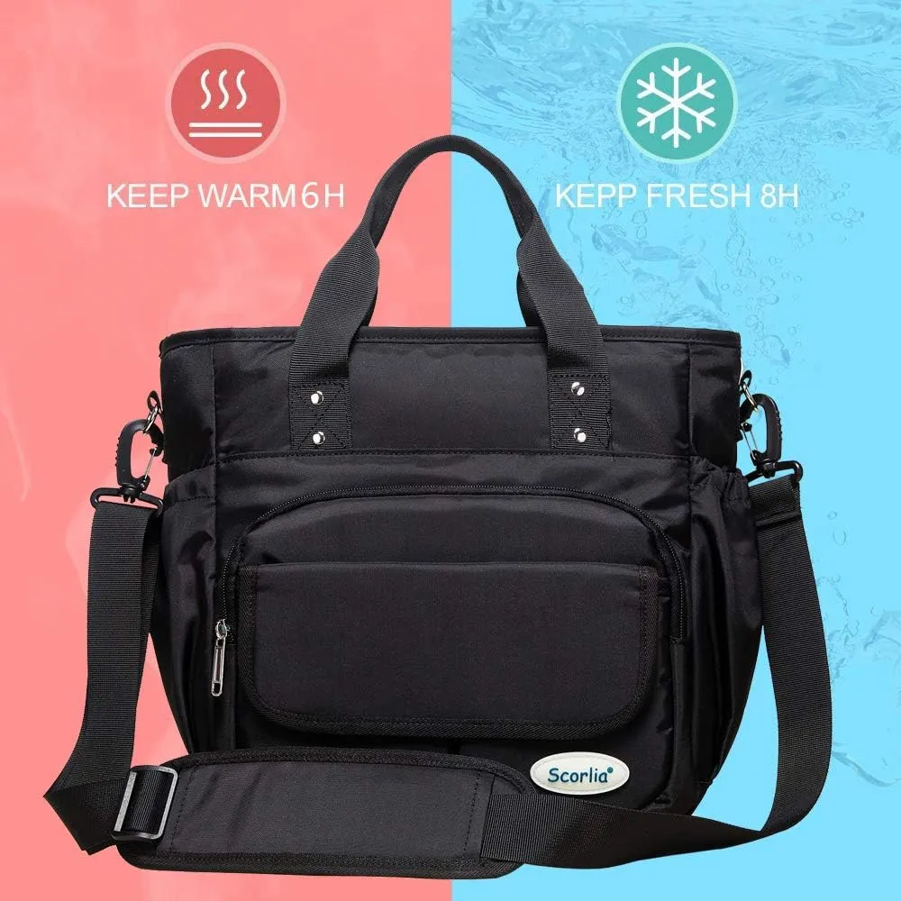 Scorlia Insulated Lunch Bag, Extra Large Leakproof Lunch Tote Bag With Removable Shoulder Strap, Durable Reusable Cooler lunch Box Bag with Side Pockets, Tall Drinks Holder for Women Men Work, Black