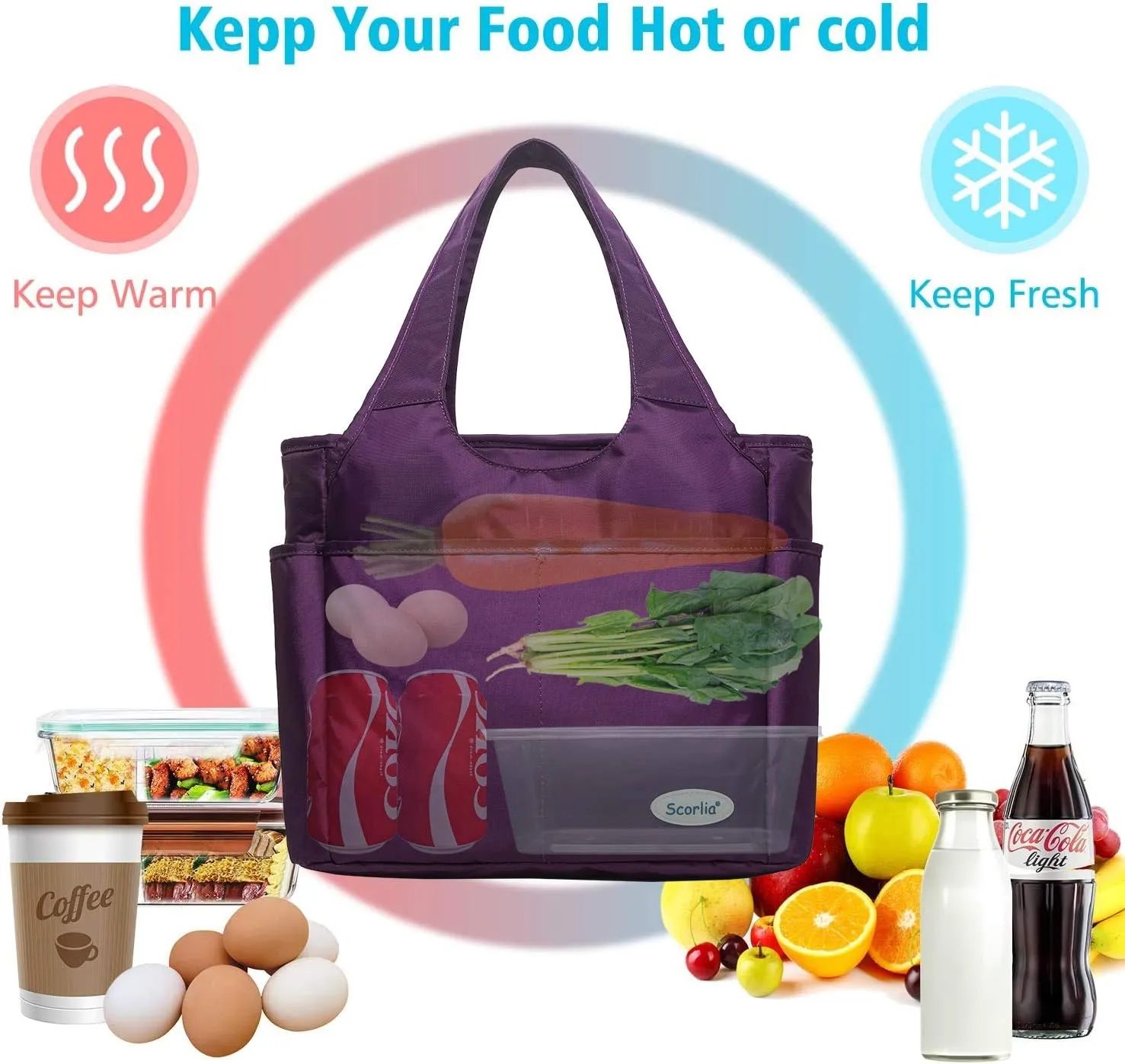 Scorlia Insulated Shoulder Bag, Extra Large Lunch Tote Handbag, Durable Reusable Cooler Ladies Lunch Box Bag with Side Pockets, Tall Drinks Holder for Women Men Work, Purple