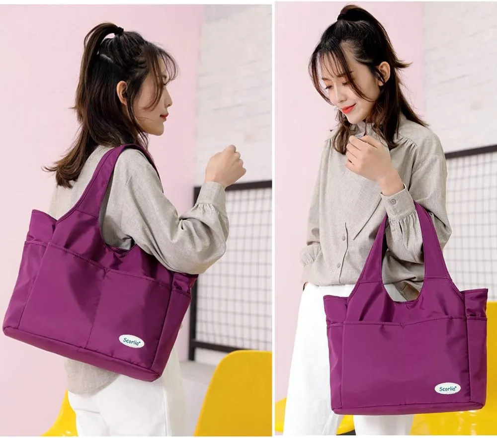 Scorlia Insulated Shoulder Bag, Extra Large Lunch Tote Handbag, Durable Reusable Cooler Ladies Lunch Box Bag with Side Pockets, Tall Drinks Holder for Women Men Work, Purple