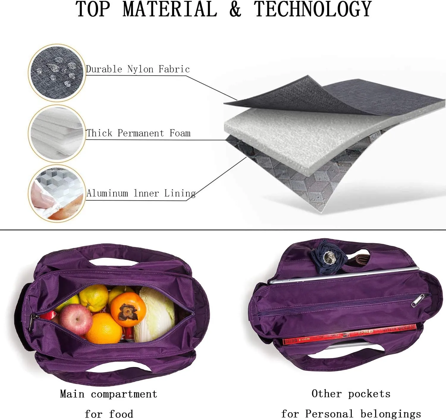Scorlia Insulated Shoulder Bag, Extra Large Lunch Tote Handbag, Durable Reusable Cooler Ladies Lunch Box Bag with Side Pockets, Tall Drinks Holder for Women Men Work, Purple