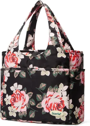 Scorlia Insulated Shoulder Bag, Extra Large Lunch Tote Handbag, Durable Reusable Cooler Ladies Lunch Box Bag with Side Pockets, Tall Drinks Holder for Women Men Work, Red Flower