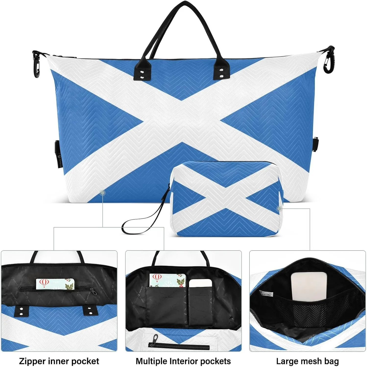 Scotland Flag Travel Duffle Bag Quilt Gym Bag Weekender Bags Overnight Bag Carry On Bag with Make Up Bag for Women Ladies Airplane Trip Travel Essentials Gifts