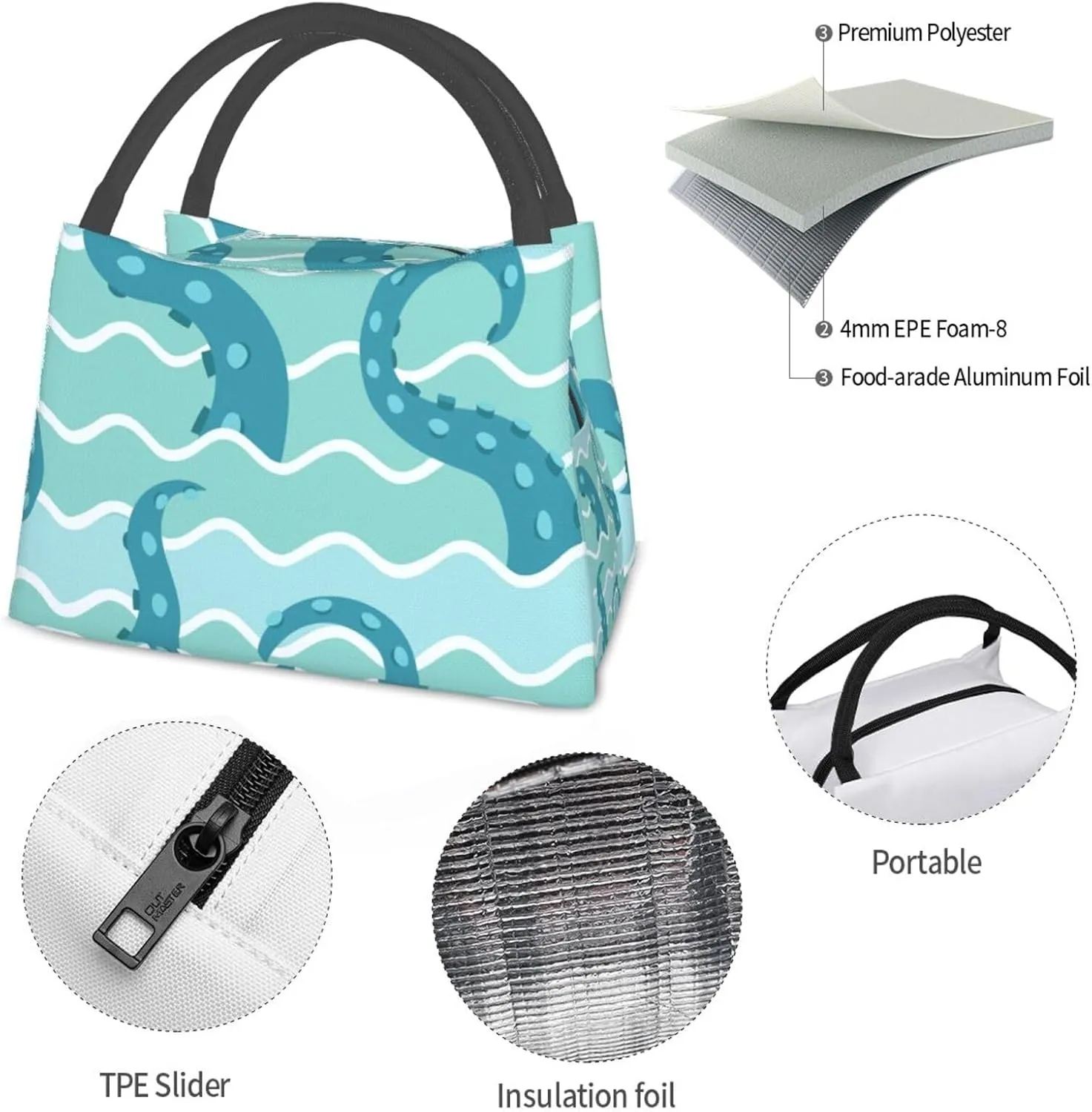 Sea Wave Octopuses Tentacle Lunch Bag for Women Men Adult Portable Insulated Lunch Box Tote Bag Reusable Travel Work Leakproof Thermal Cooler Lunch Snack Bags for Outdoor Office Picnic Camping