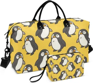 Seamless Pattern Of Cute Chubby Fat Penguin Travel Duffle Bag,Large Weekender Travel Bag for Women Men Waterproof Luggage Bag with Trolley Sleeve,Airplane Travel Essentials for Flying