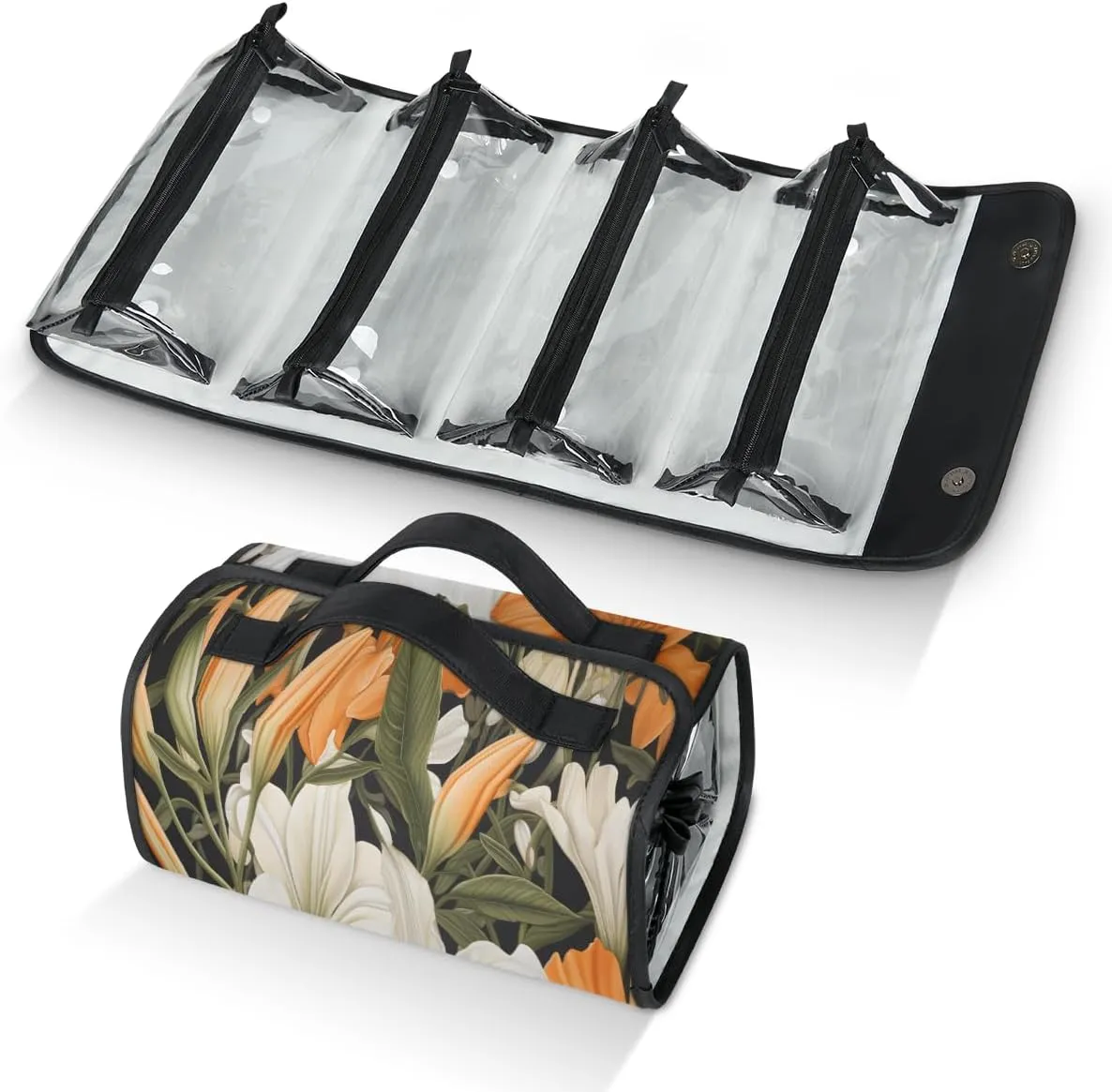 Seasonal Flower Travel Toiletry Bag Clear Cosmetic Bag Organizer Waterproof Foldable Makeup Bag with 4 PVC Pouches Travel Organizer Bags for Luggage Business Trip