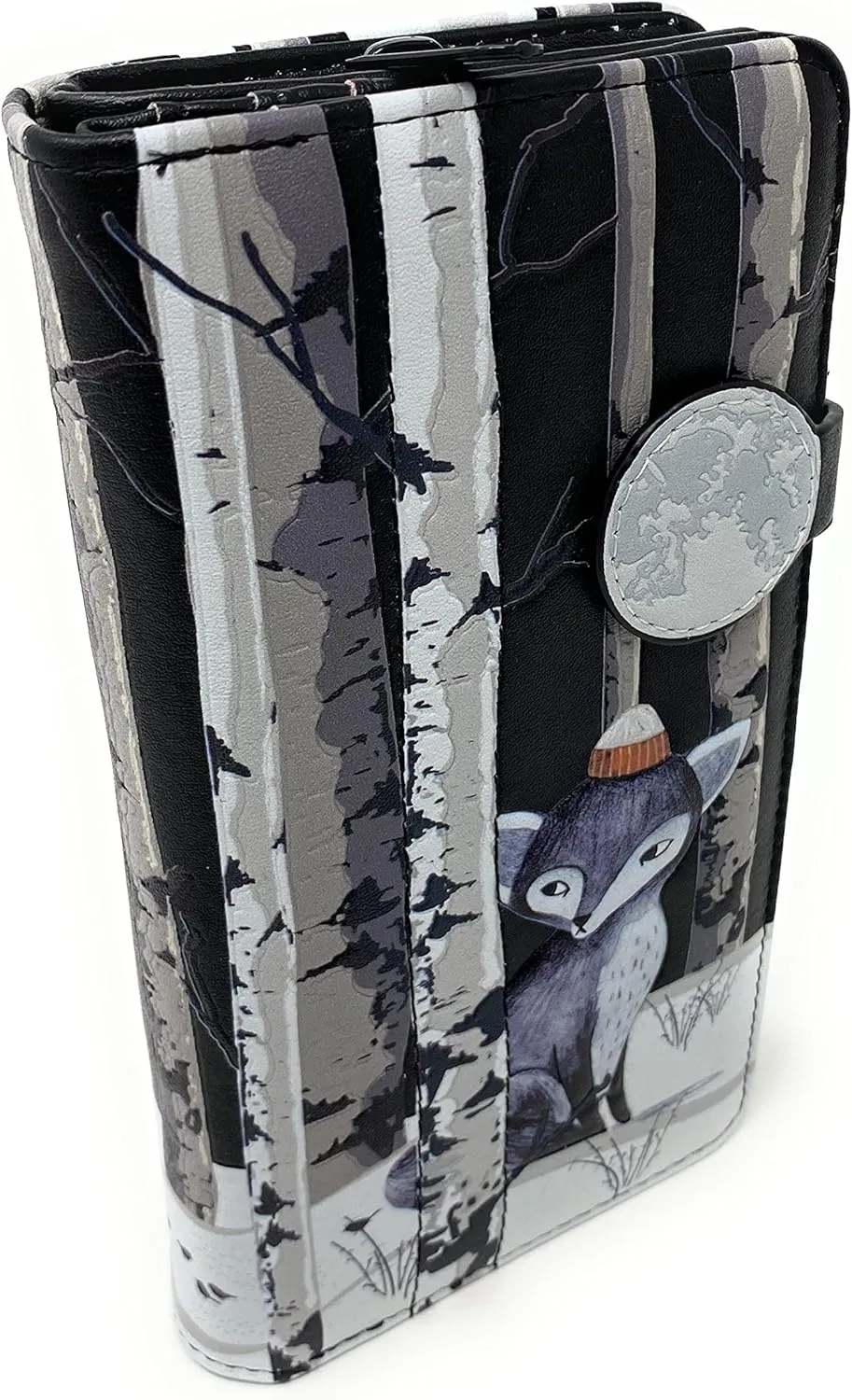 Shag Wear Winter Fox Large Animal Wallet for Women and Teen Girls Vegan Faux Leather Black 7"