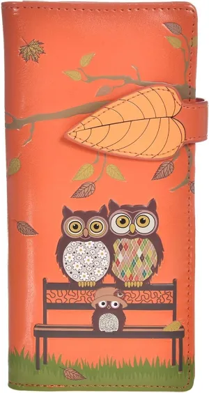 Shag Wear Women's Premium Vegan Clutch Cardholder Wallet Zipper Purse with Pretty Autumn Owl Orange