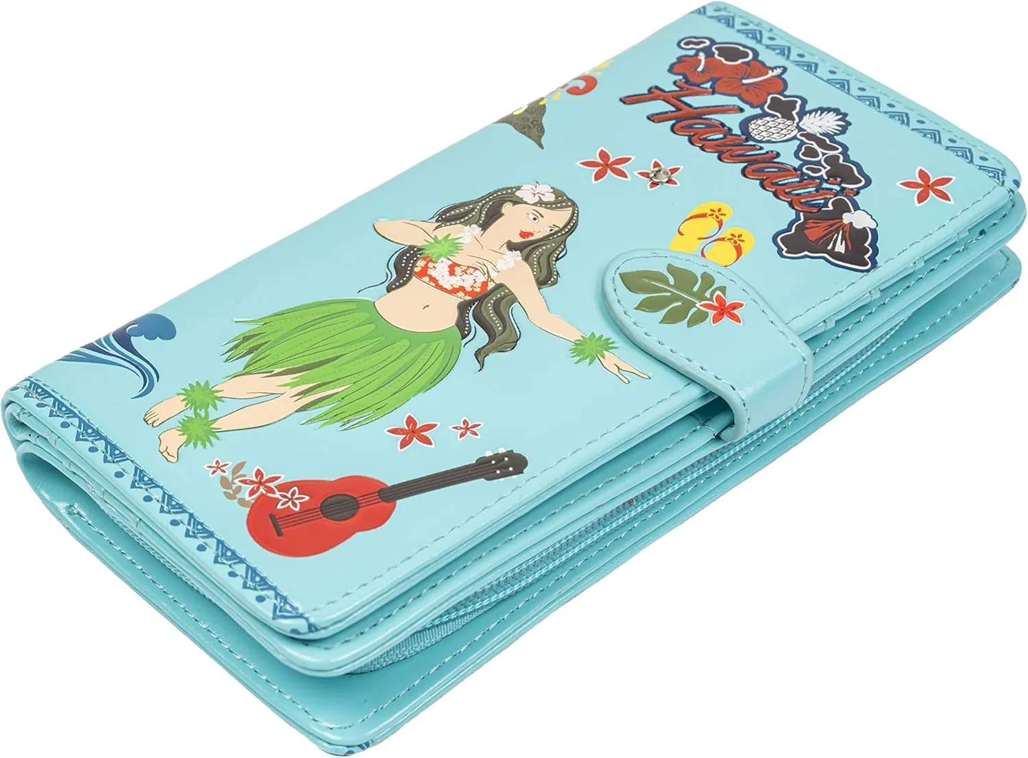 Shag Wear Women's Premium Vegan Clutch Cardholder Zipper Wallet Purse with Pretty Aloha, Teal