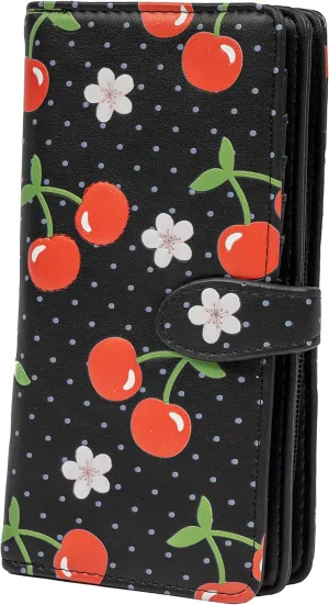 Shag Wear Women's Premium Vegan Clutch Cardholder Zipper Wallet Purse with Pretty Cherry Pattern, Black