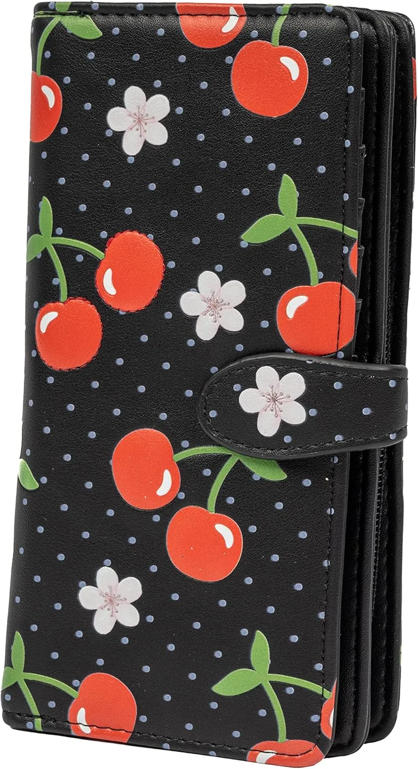 Shag Wear Women's Premium Vegan Clutch Cardholder Zipper Wallet Purse with Pretty Cherry Pattern, Black