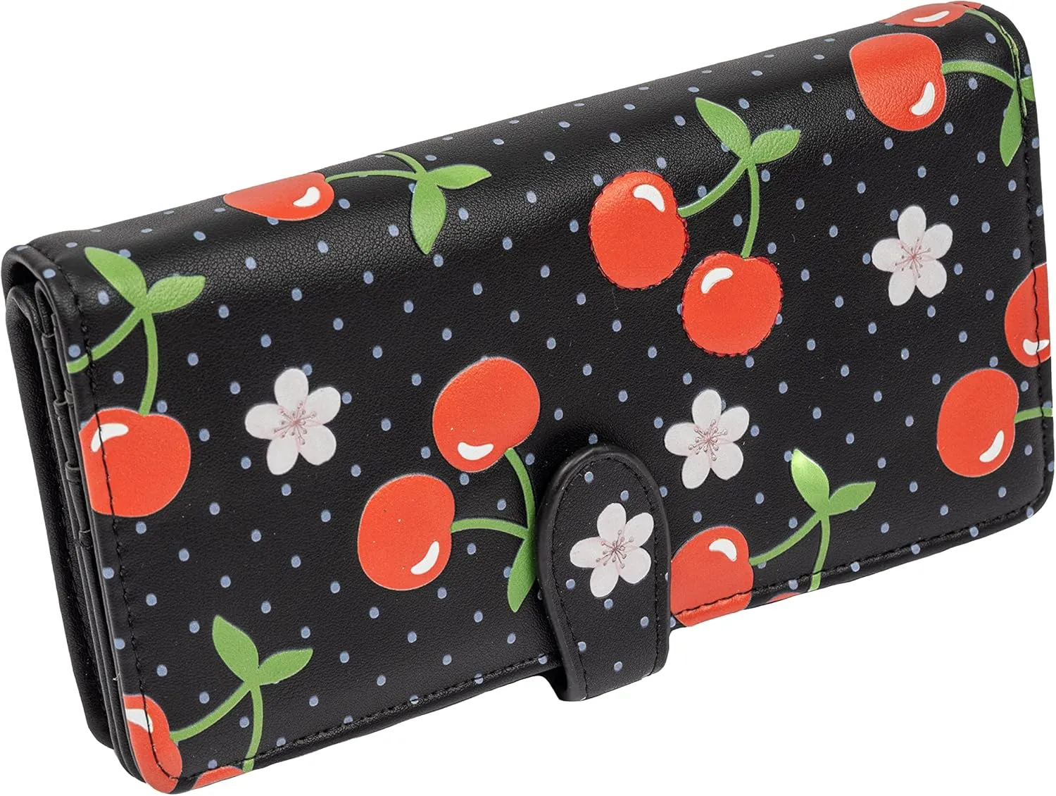 Shag Wear Women's Premium Vegan Clutch Cardholder Zipper Wallet Purse with Pretty Cherry Pattern, Black