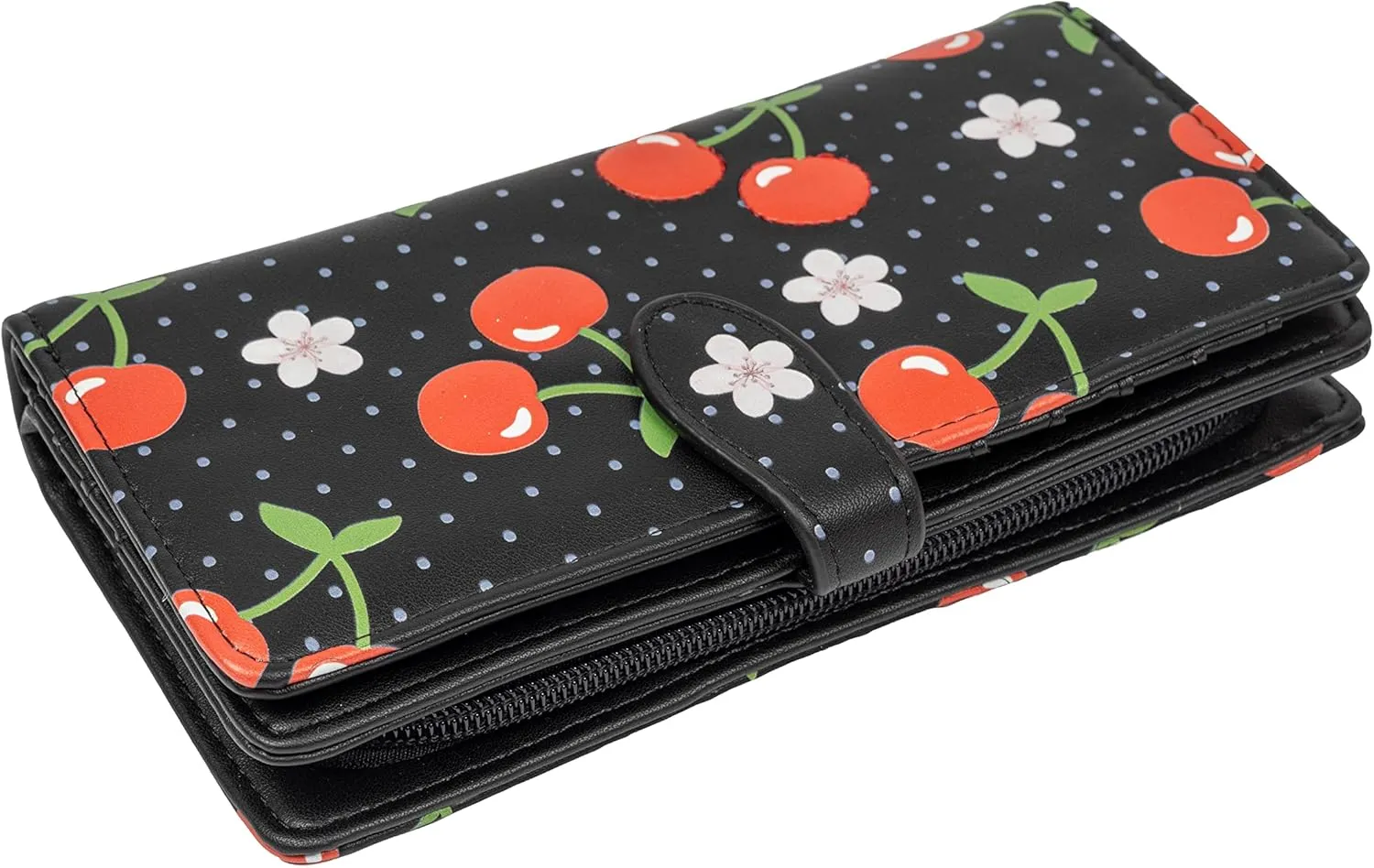 Shag Wear Women's Premium Vegan Clutch Cardholder Zipper Wallet Purse with Pretty Cherry Pattern, Black