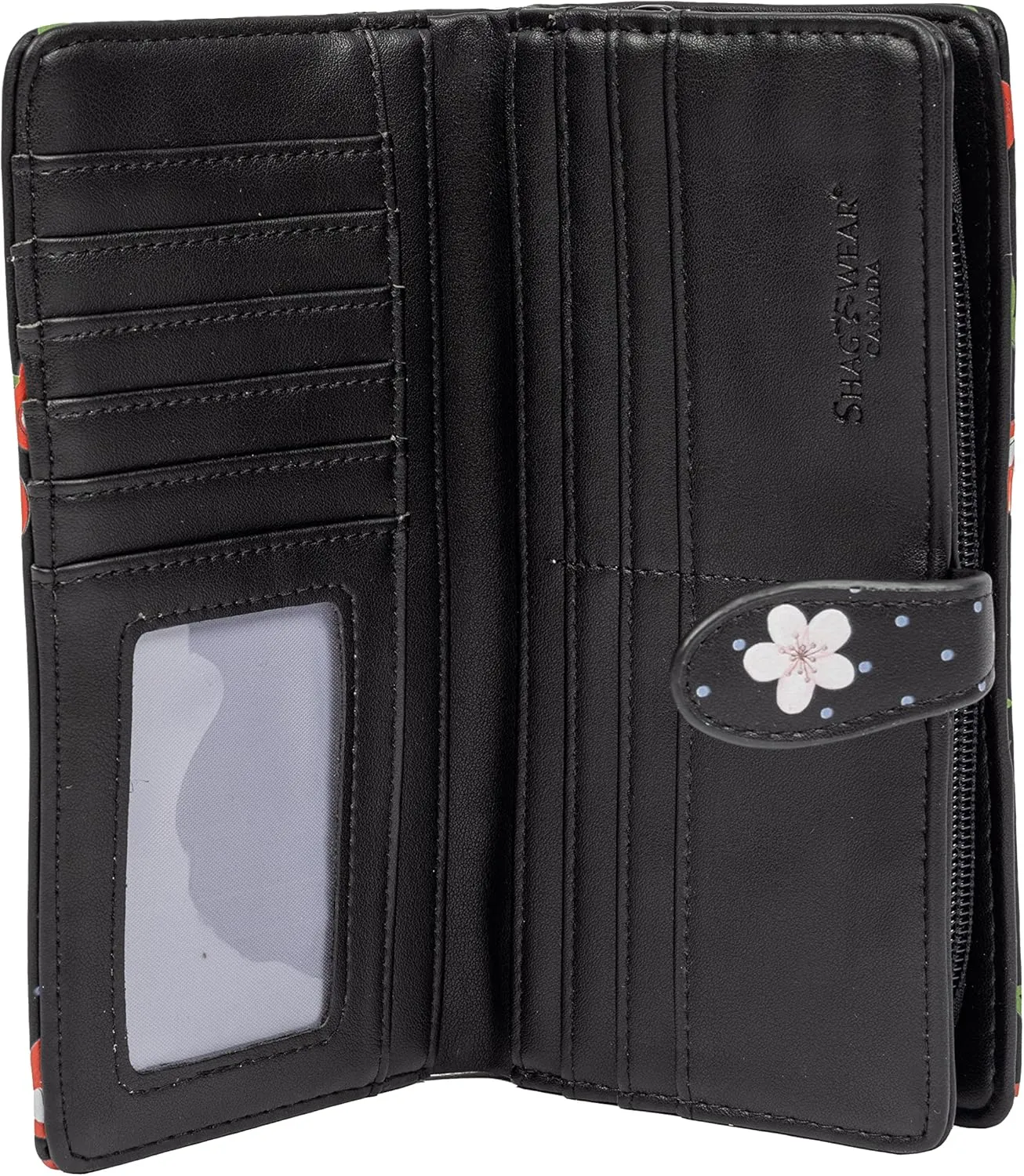 Shag Wear Women's Premium Vegan Clutch Cardholder Zipper Wallet Purse with Pretty Cherry Pattern, Black