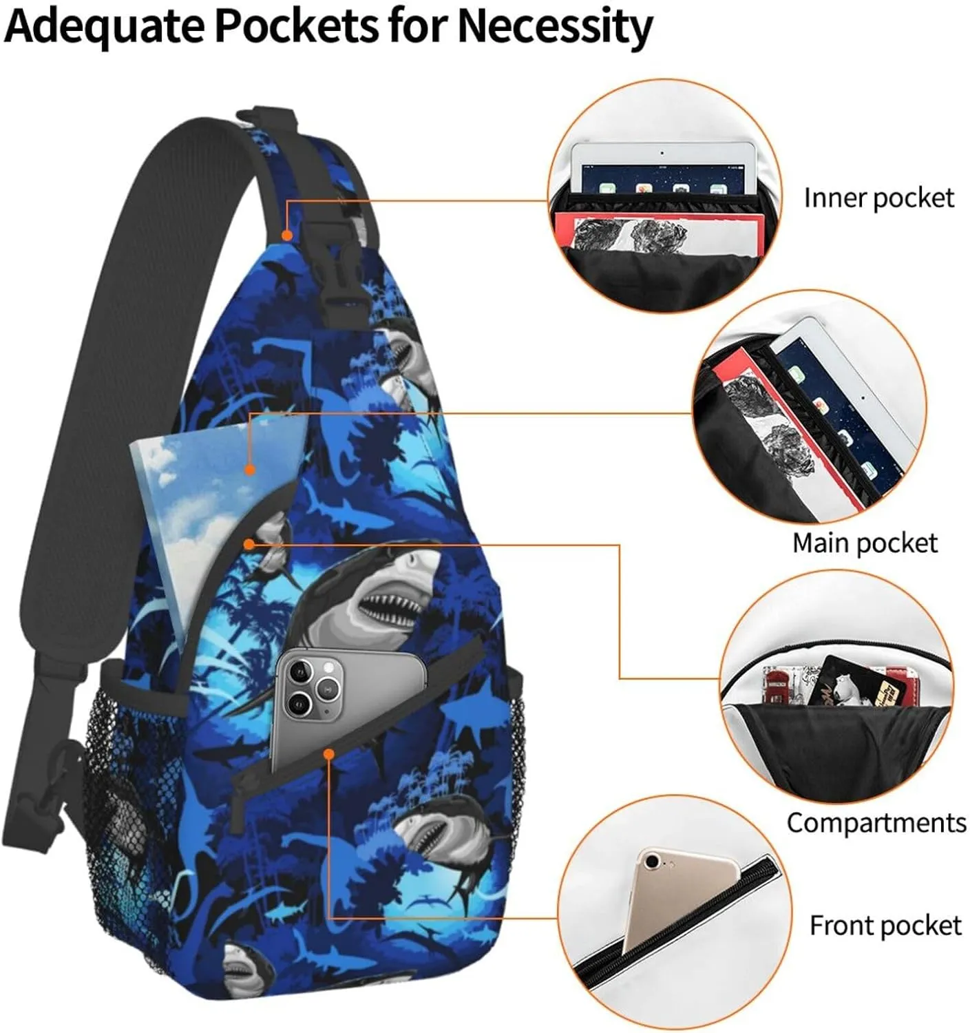 Shark Sling Backpack Chest Bag Crossbody Shoulder Bag Gym Cycling Travel Hiking Daypack For Men Women