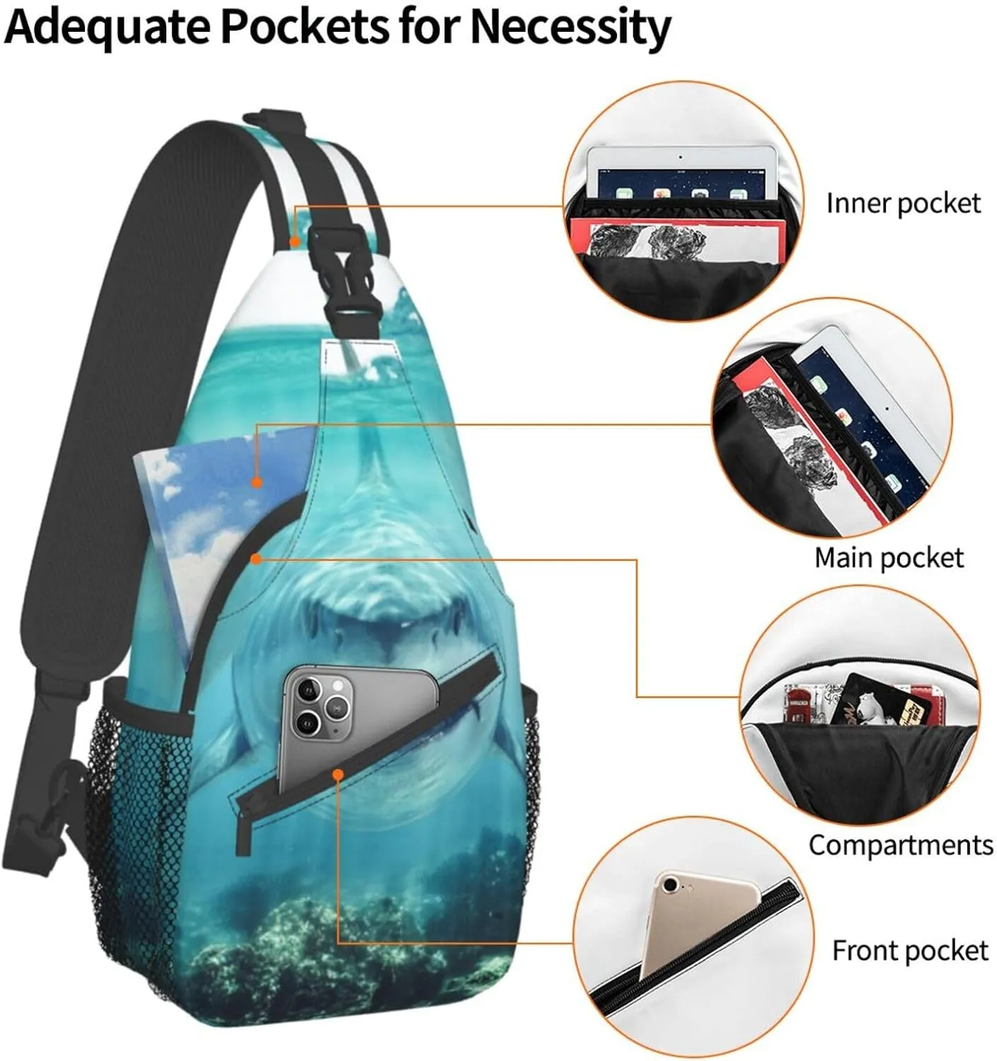 Shark Sling Backpack Chest Bag Crossbody Shoulder Bag Gym Cycling Travel Hiking Daypack For Men Women