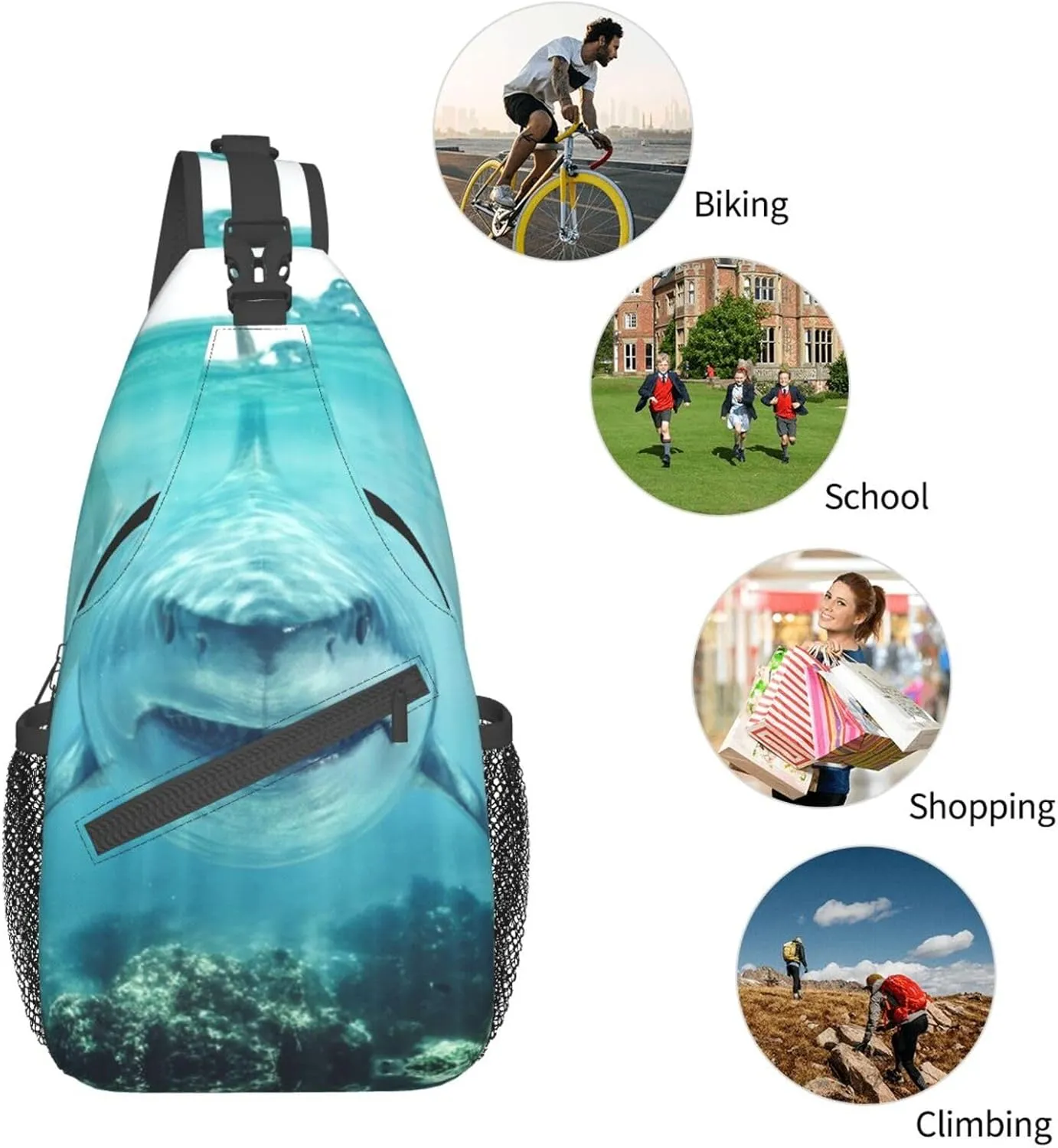 Shark Sling Backpack Chest Bag Crossbody Shoulder Bag Gym Cycling Travel Hiking Daypack For Men Women