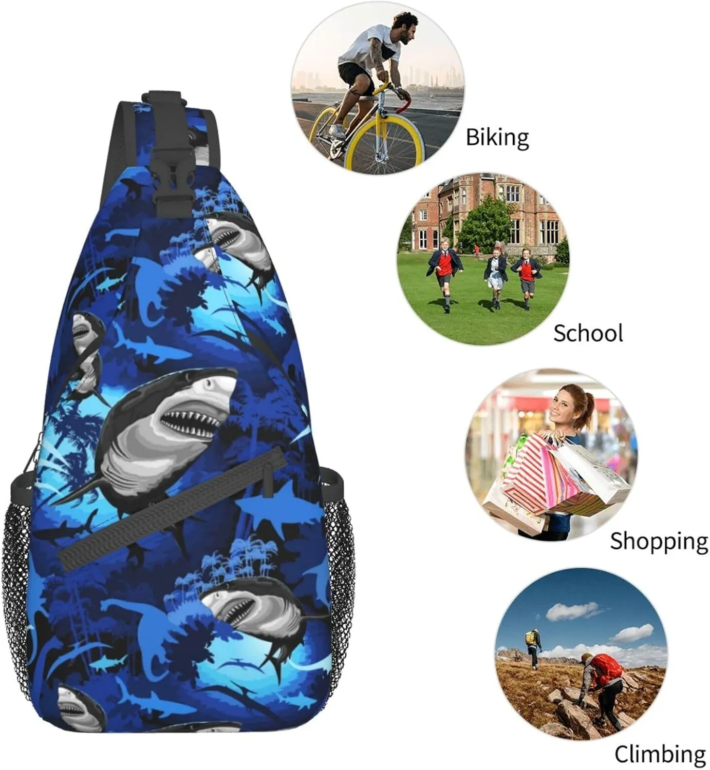 Shark Sling Backpack Chest Bag Crossbody Shoulder Bag Gym Cycling Travel Hiking Daypack For Men Women