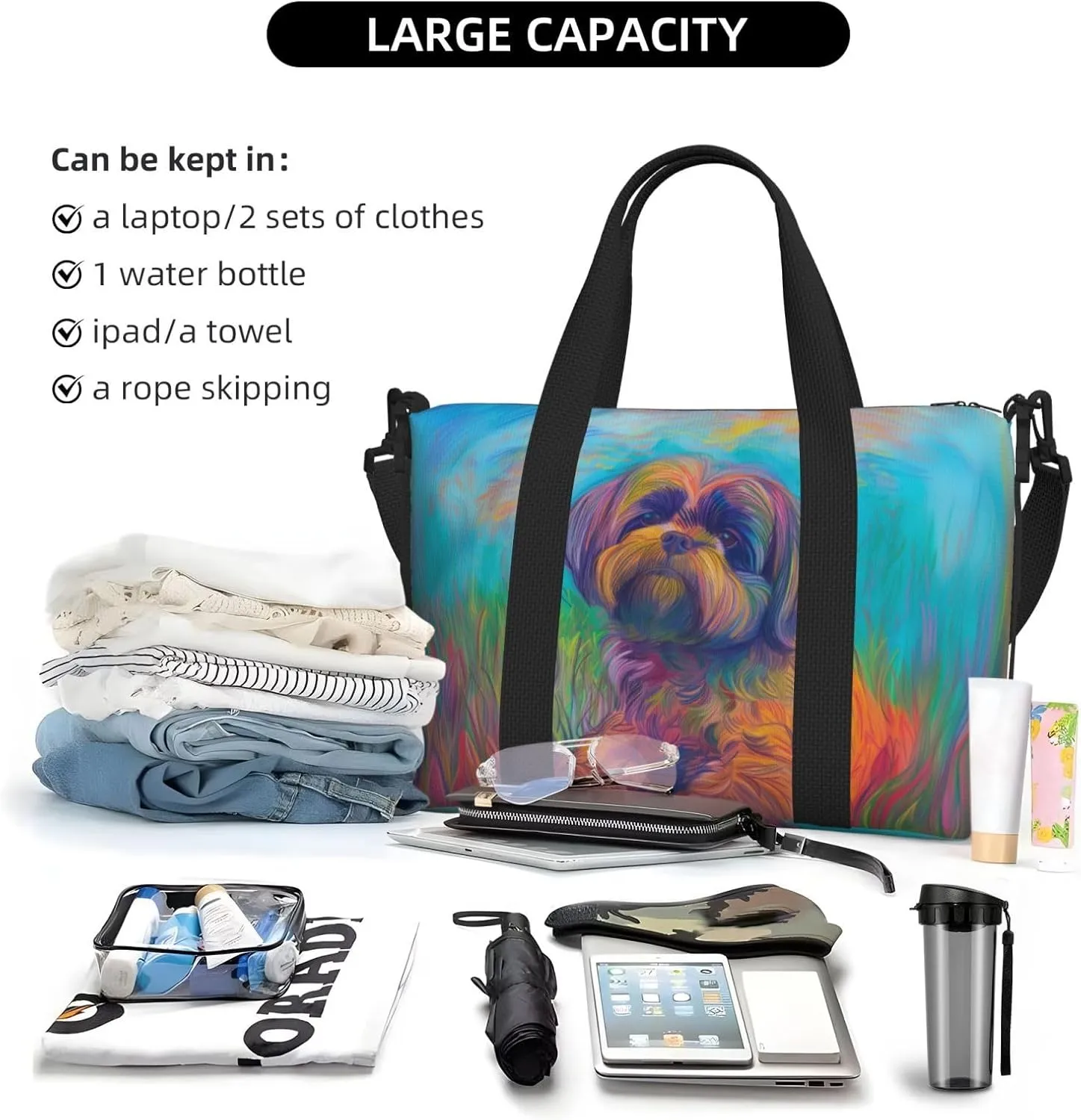 Shih Tzu art print Travel Duffel Bag, Sports Tote Gym Bag, Swim Pool Bag Large Shoulder Tote Bag for Beach Weekender