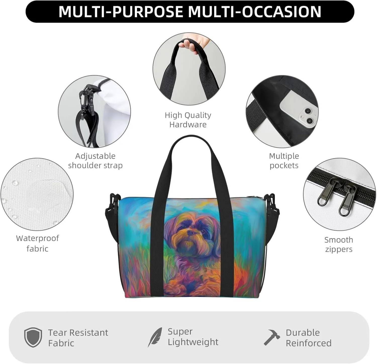 Shih Tzu art print Travel Duffel Bag, Sports Tote Gym Bag, Swim Pool Bag Large Shoulder Tote Bag for Beach Weekender