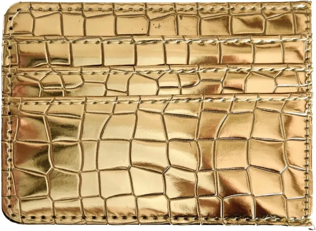 Shiny Slim Minimalistic Credit Card Holder Wallet Mirror Metallic Crock pattern (Gold)