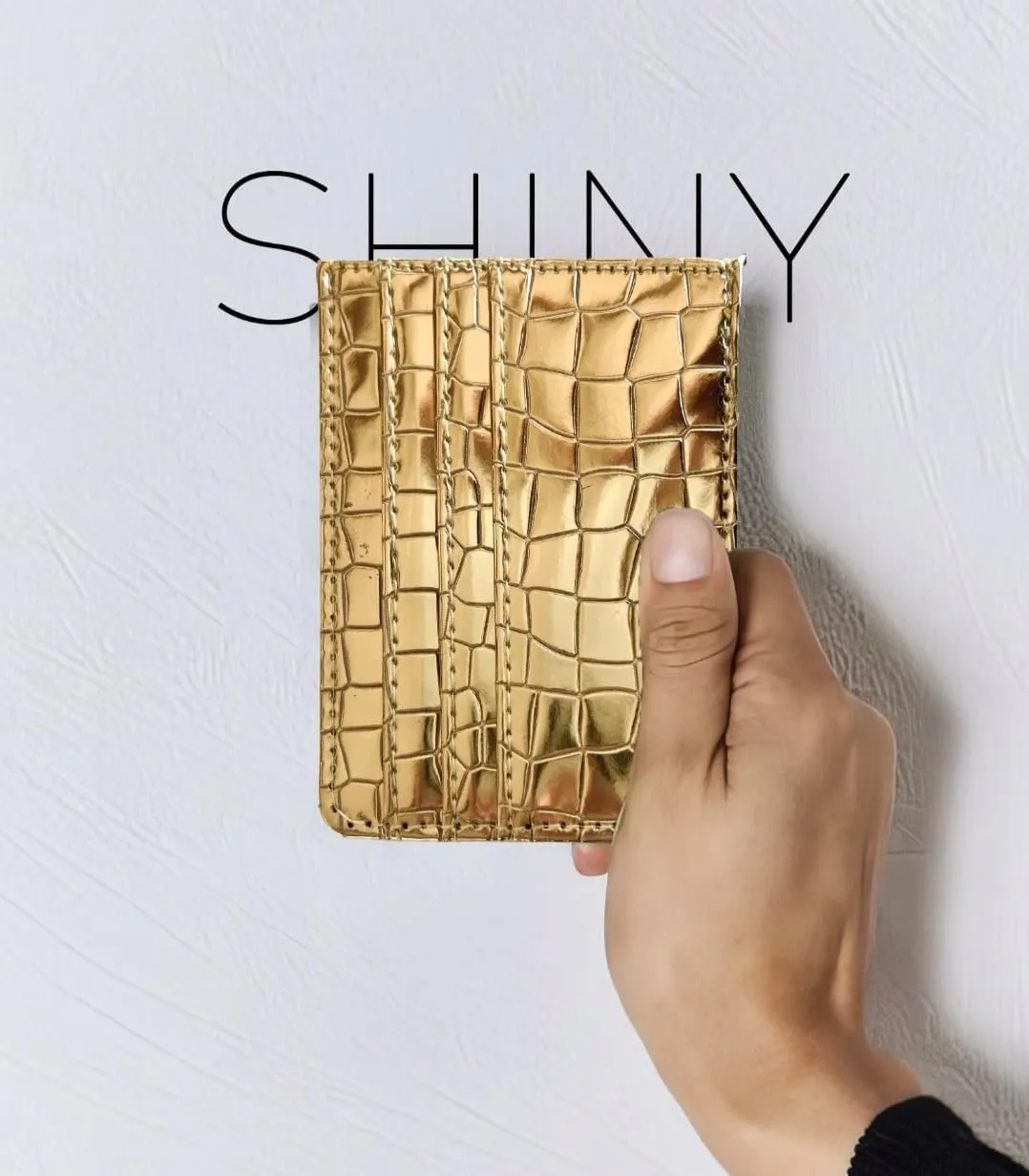 Shiny Slim Minimalistic Credit Card Holder Wallet Mirror Metallic Crock pattern (Gold)