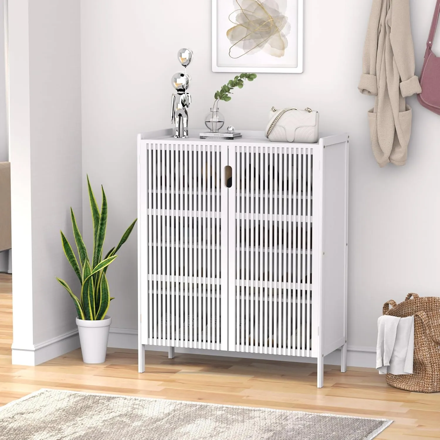 Shoe Cabinet, 20 Pair Farmhouse Shoe Organizer Cabinet, Freestanding Bamboo Wooden Shoe Storage Cabinet with Grille Doors, 5-Tier Narrow Shoe Cabinet for Entryway Hallway, White