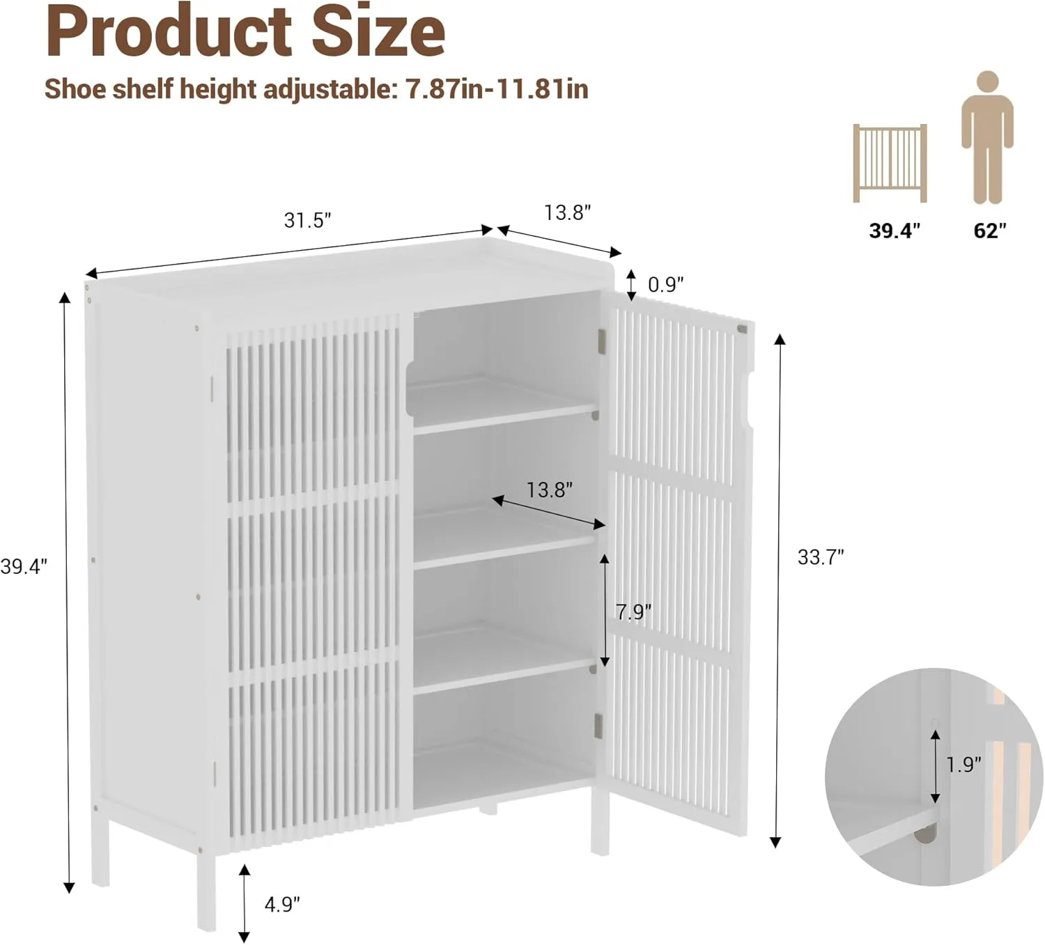Shoe Cabinet, 20 Pair Farmhouse Shoe Organizer Cabinet, Freestanding Bamboo Wooden Shoe Storage Cabinet with Grille Doors, 5-Tier Narrow Shoe Cabinet for Entryway Hallway, White