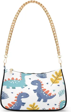 Shoulder Bags for Women Hand-painted Colored Dinosaurs and Bushes on A White Background Hobo Tote Handbag Small Clutch Purse with Zipper Closure