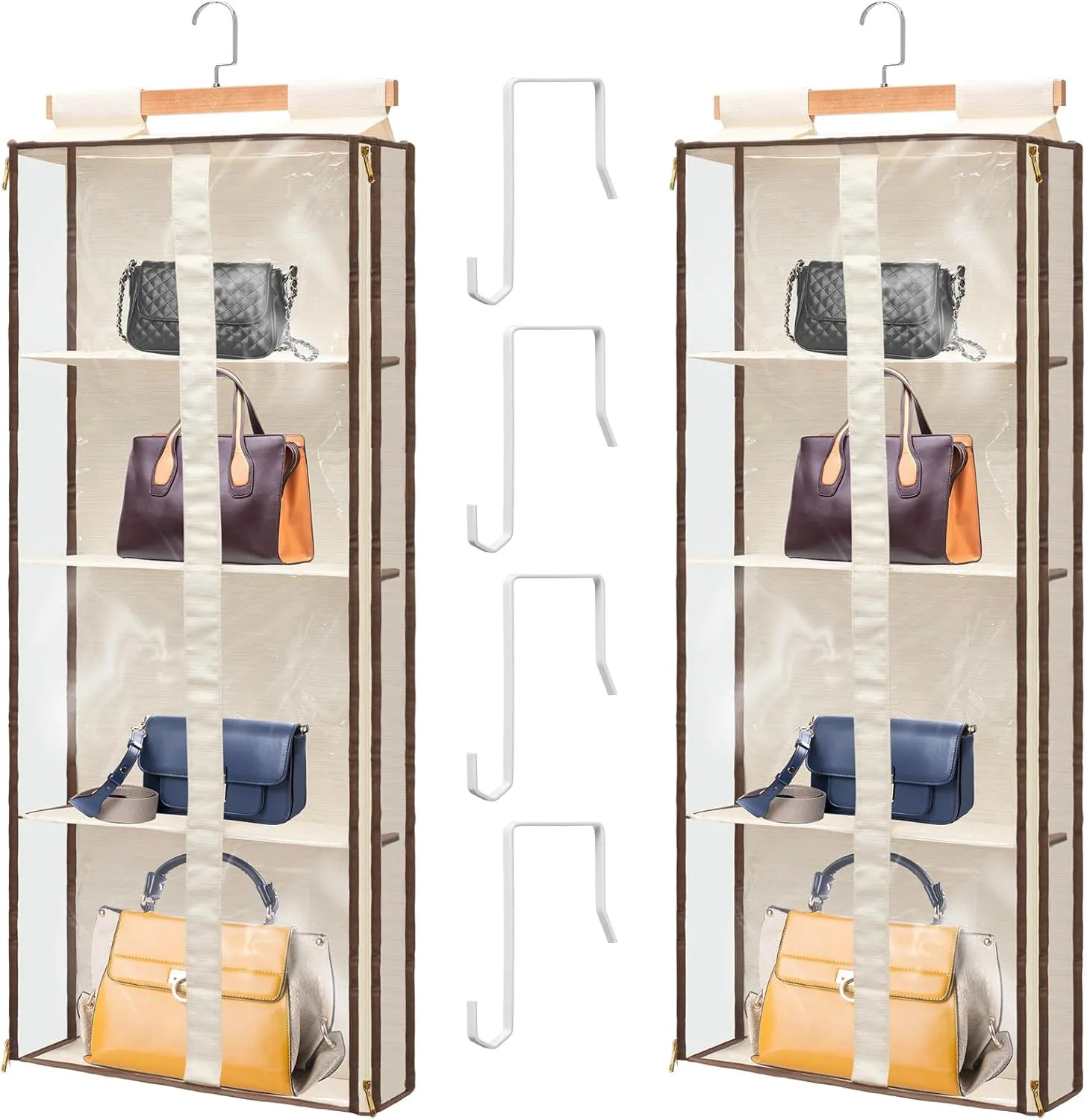 Silkfly 2 Pack Hanging Purse Organizer for Closet Clear Handbag Storage Hanger with Zipper Holder Over The Door Wardrobe Tote Bag Storage Holder for Bedrooms Living Room(Beige)