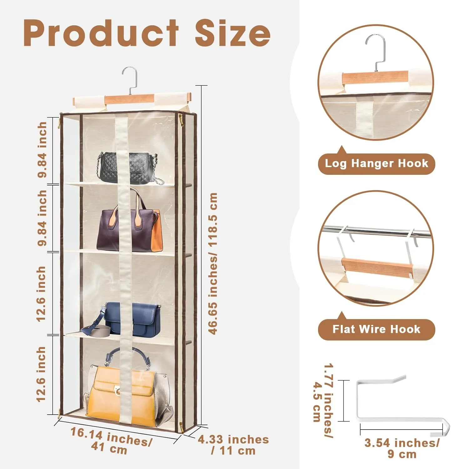Silkfly 2 Pack Hanging Purse Organizer for Closet Clear Handbag Storage Hanger with Zipper Holder Over The Door Wardrobe Tote Bag Storage Holder for Bedrooms Living Room(Beige)