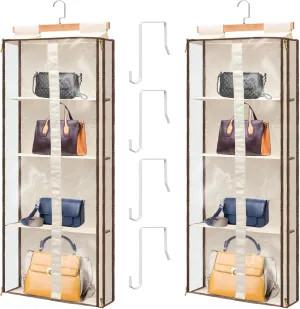 Silkfly 2 Pack Hanging Purse Organizer for Closet Clear Handbag Storage Hanger with Zipper Holder Over The Door Wardrobe Tote Bag Storage Holder for Bedrooms Living Room(Beige)