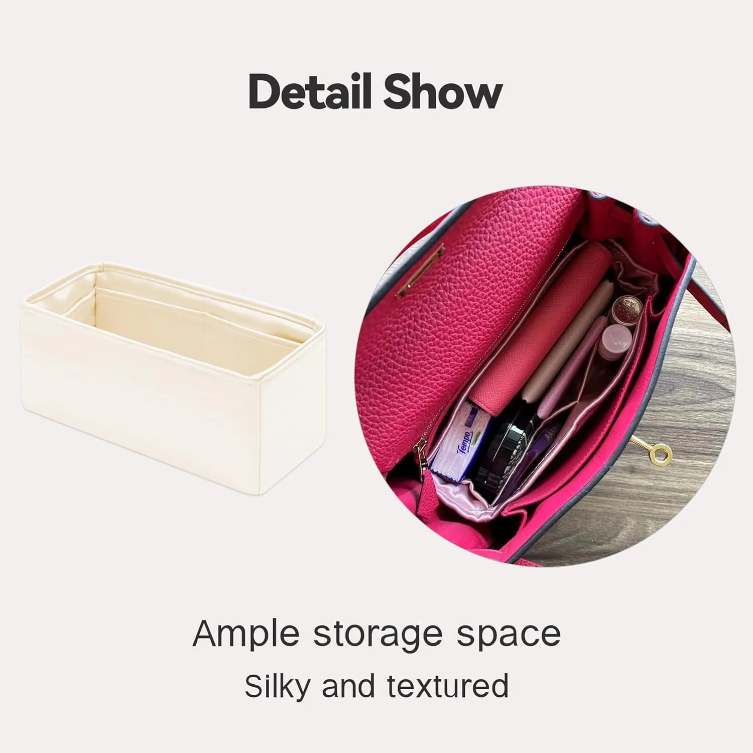 Silky Insert for Kelly 32, Purse Organizer Insert Compatible with Hermes Kelly 32, Lightweight and Silky Smooth Handbag Shaper(KE32, Craie)