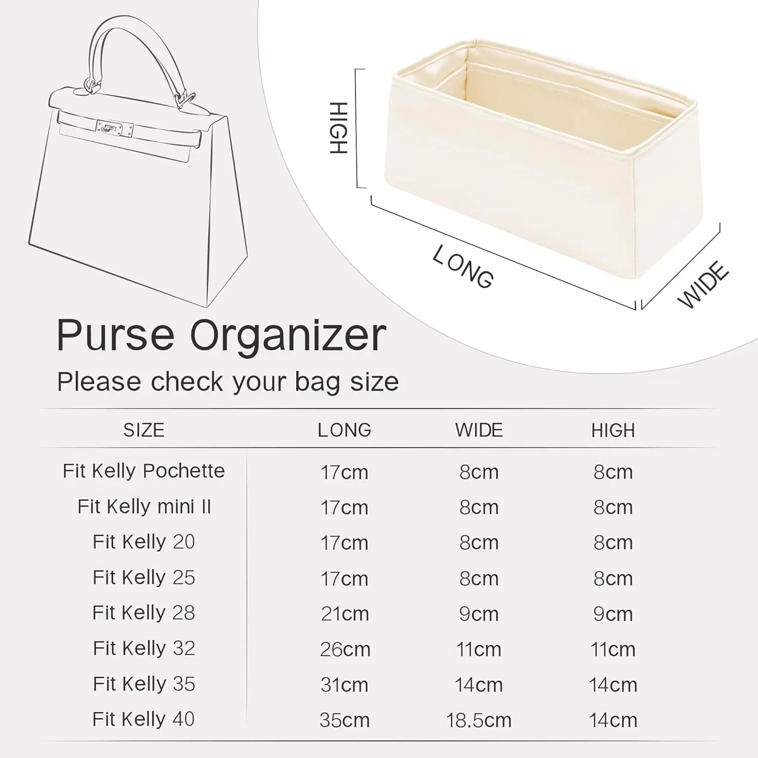 Silky Insert for Kelly 32, Purse Organizer Insert Compatible with Hermes Kelly 32, Lightweight and Silky Smooth Handbag Shaper(KE32, Craie)