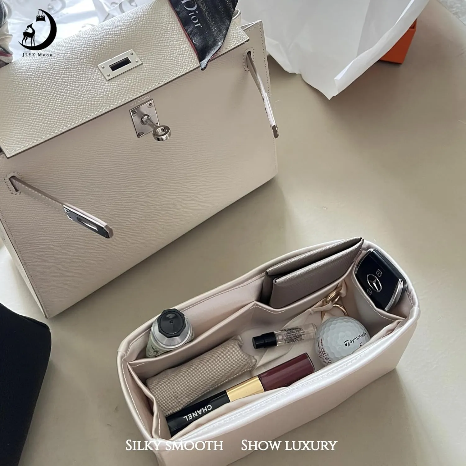 Silky Insert for Kelly 32, Purse Organizer Insert Compatible with Hermes Kelly 32, Lightweight and Silky Smooth Handbag Shaper(KE32, Craie)