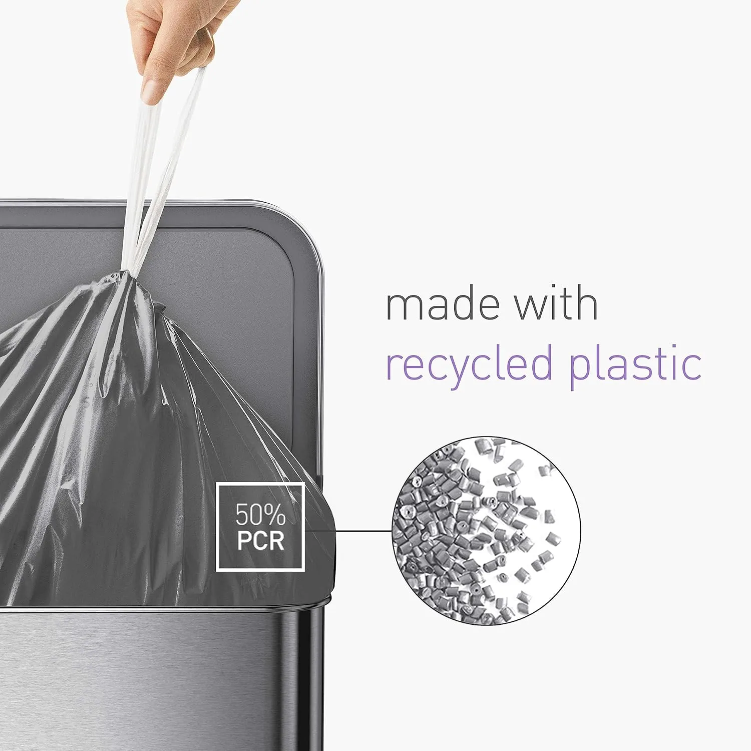 simplehuman 50% Post-Consumer Recycled Odorsorb Tall Kitchen Drawstring Trash Bags, 13 Gal, 80 Count