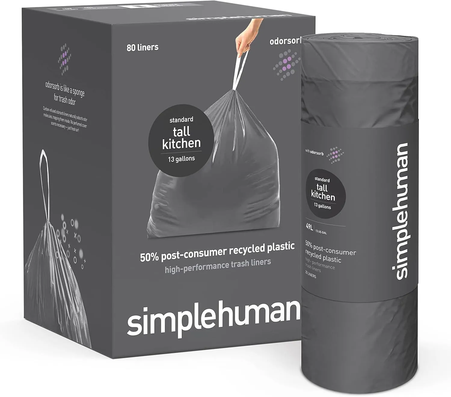 simplehuman 50% Post-Consumer Recycled Odorsorb Tall Kitchen Drawstring Trash Bags, 13 Gal, 80 Count