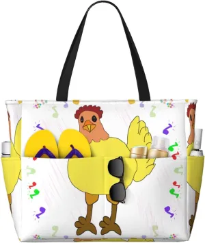 singing hen Print 28L Large Beach Tote Bag, 7 Pockets Waterproof Travel Shoulder Bag, Gym Oversized Tote