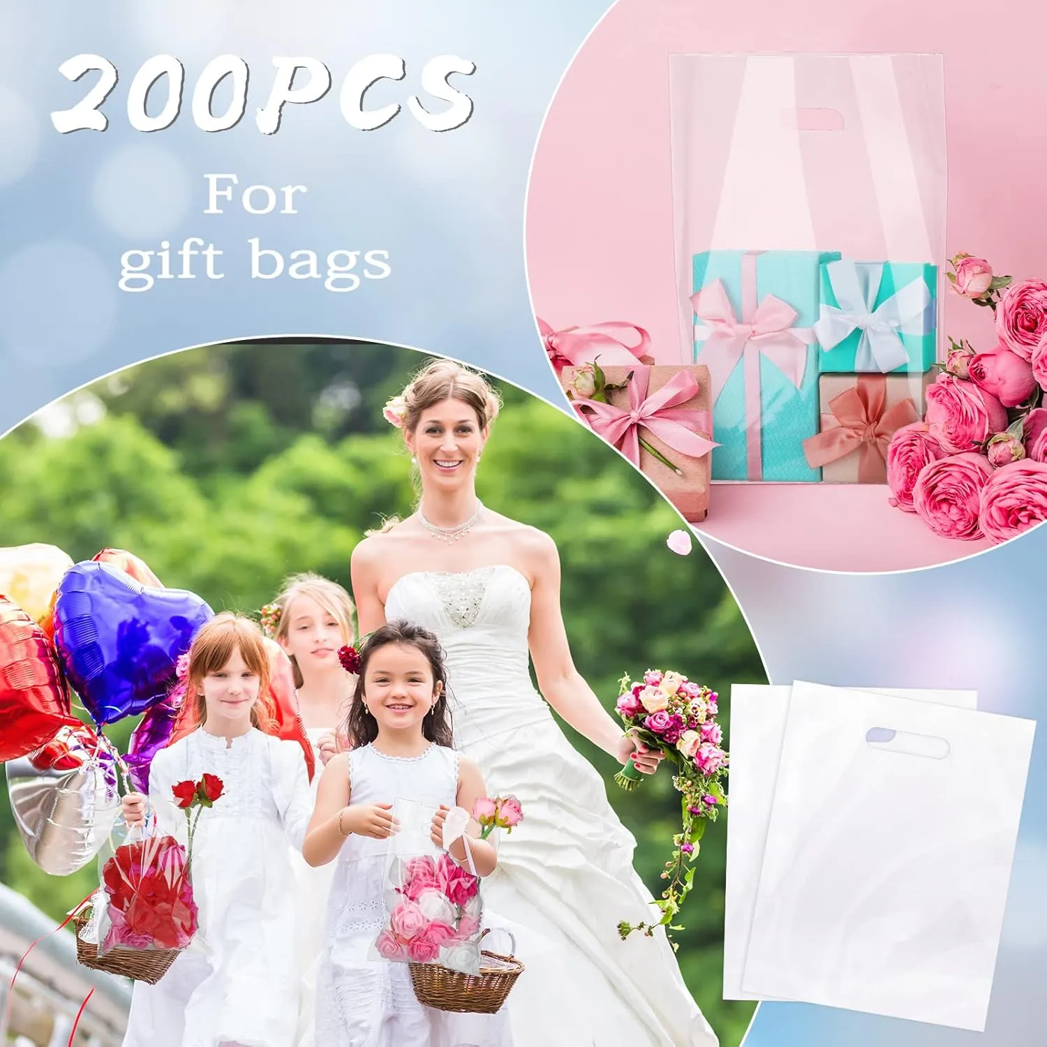 Sinmoe 200 Pack Plastic Bag with Handles Bulk Plastic Merchandise Die Cut Handle LDPE Gift Bags for Small Business Retail Gifts Shopping Trade