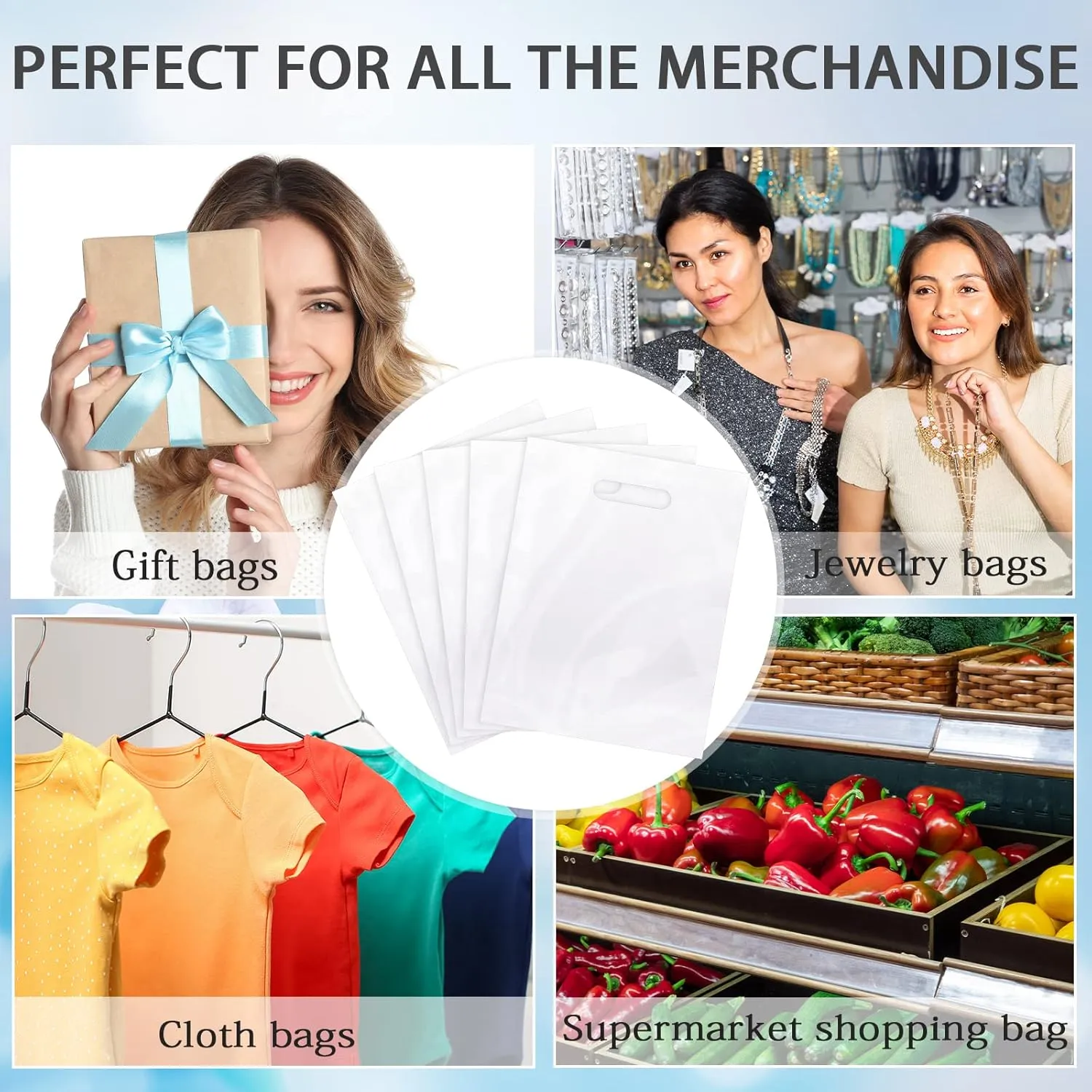 Sinmoe 200 Pack Plastic Bag with Handles Bulk Plastic Merchandise Die Cut Handle LDPE Gift Bags for Small Business Retail Gifts Shopping Trade
