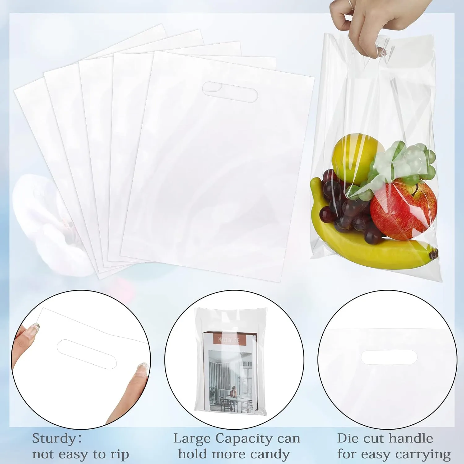 Sinmoe 200 Pack Plastic Bag with Handles Bulk Plastic Merchandise Die Cut Handle LDPE Gift Bags for Small Business Retail Gifts Shopping Trade